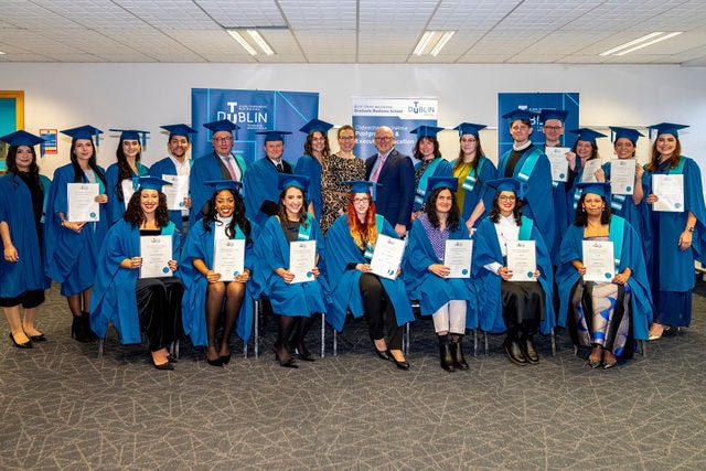 TU Dublin Fintech Risk & Compliance Graduation – PAT Business School | Silverscreen Film & Photography Graduates in caps and gowns holding certificates at TU Dublin PAT Business School Fintech Risk and Compliance graduation ceremony