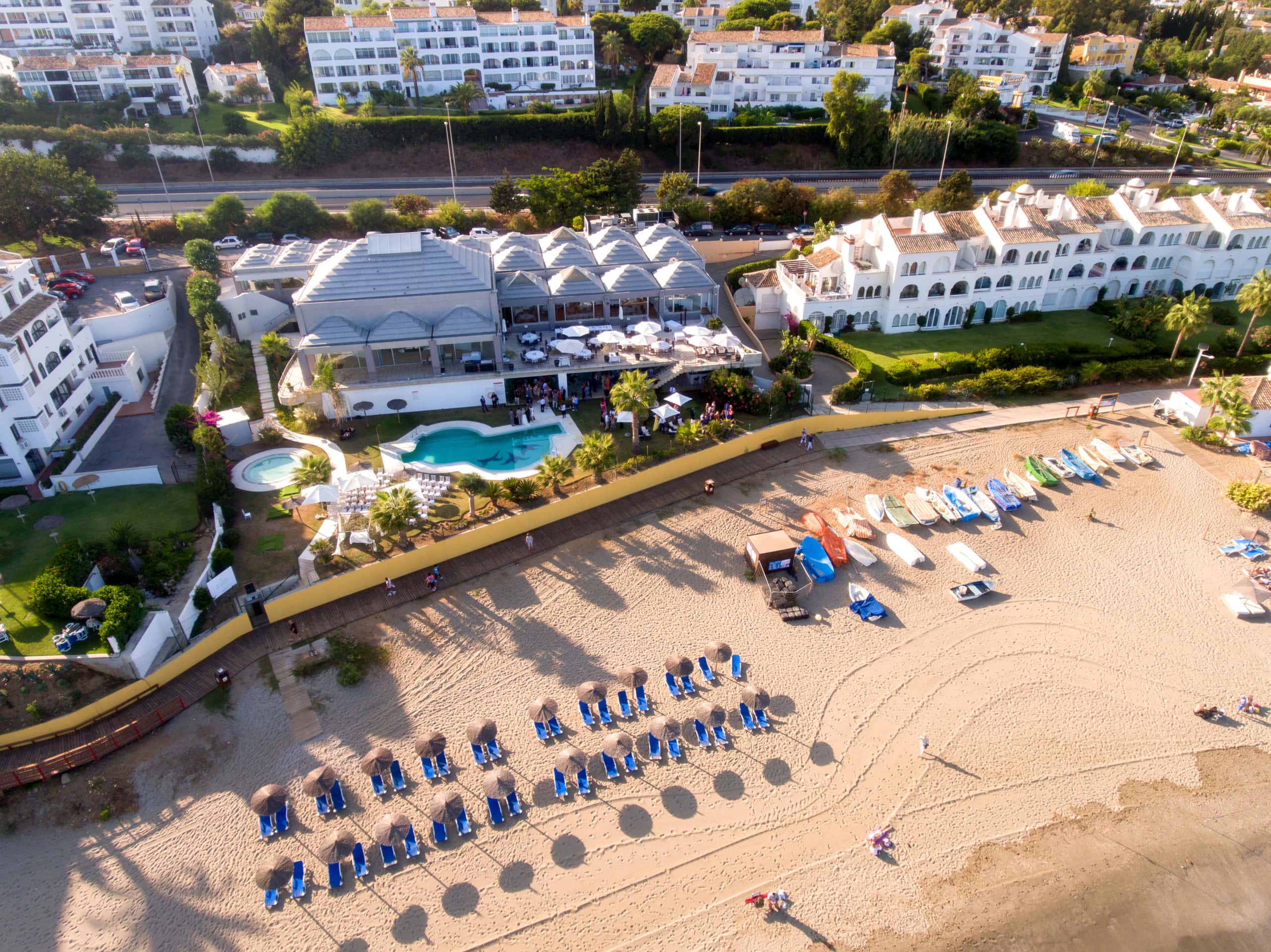 Aerial view of the stunning Marbella coastline captured from a drone. Photo by Dougie Farrelly, renowned Irish Professional Wedding Photographer. Collaboration with Silverscreen Film & Photography