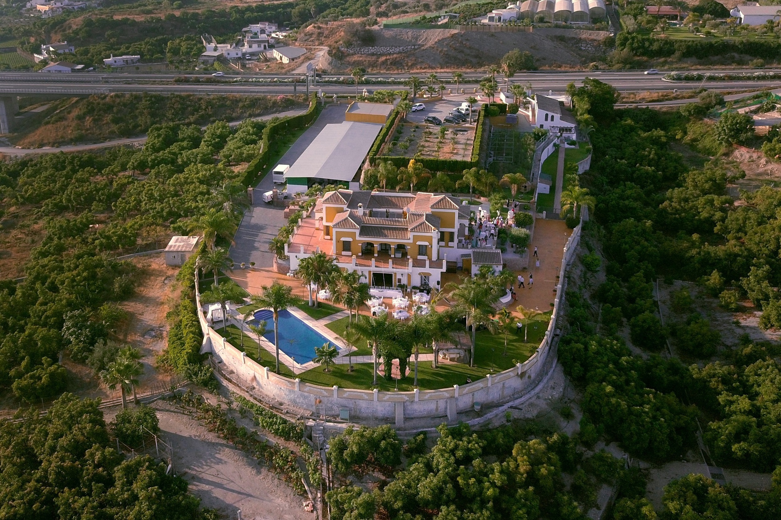 Aerial view of the private and exclusive Cortijo Maria Luisa in Nerja, Spain. Captured by Drone Pilot Dougie Farrelly, renowned Irish Professional Wedding Photographer. Collaboration with Silverscreen Film & Photography COPYRIGHT PROTECTED