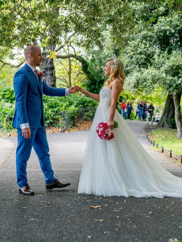 Bride and groom standing together in St Stephen’s Green, Dublin. © All Rights Reserved Dougie Farrelly Silverscreen.ie