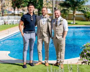 Irish Fair City actors Ryan Andrews, George McMahon, and Dave O'Sullivan enjoy the beautiful setting at Cortijo Maria Luisa before the private and exclusive wedding ceremony presented by Keith Duffy in Nerja Spain Pic: Dougie Farrelly, Silverscreen.ie Ryan Andrews, George McMahon and Dave O'Sullivan standing beside the swimming pool at Cortijo Maria Luisa, before George and Rachel's private and exclusive wedding ceremony celebrated by Keith DuffyPic: Dougie Farrelly, Silverscreen.ie