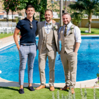 Irish Fair City actors Ryan Andrews, George McMahon, and Dave O'Sullivan enjoy the beautiful setting at Cortijo Maria Luisa before the private and exclusive wedding ceremony presented by Keith Duffy in Nerja Spain Pic: Dougie Farrelly, Silverscreen.ie Ryan Andrews, George McMahon and Dave O'Sullivan standing beside the swimming pool at Cortijo Maria Luisa, before George and Rachel's private and exclusive wedding ceremony celebrated by Keith DuffyPic: Dougie Farrelly, Silverscreen.ie